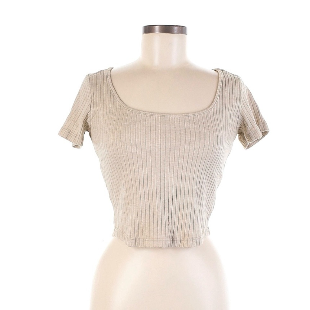 Sugar lips cream tan ribbed short sleeve crop top t shirt square neck